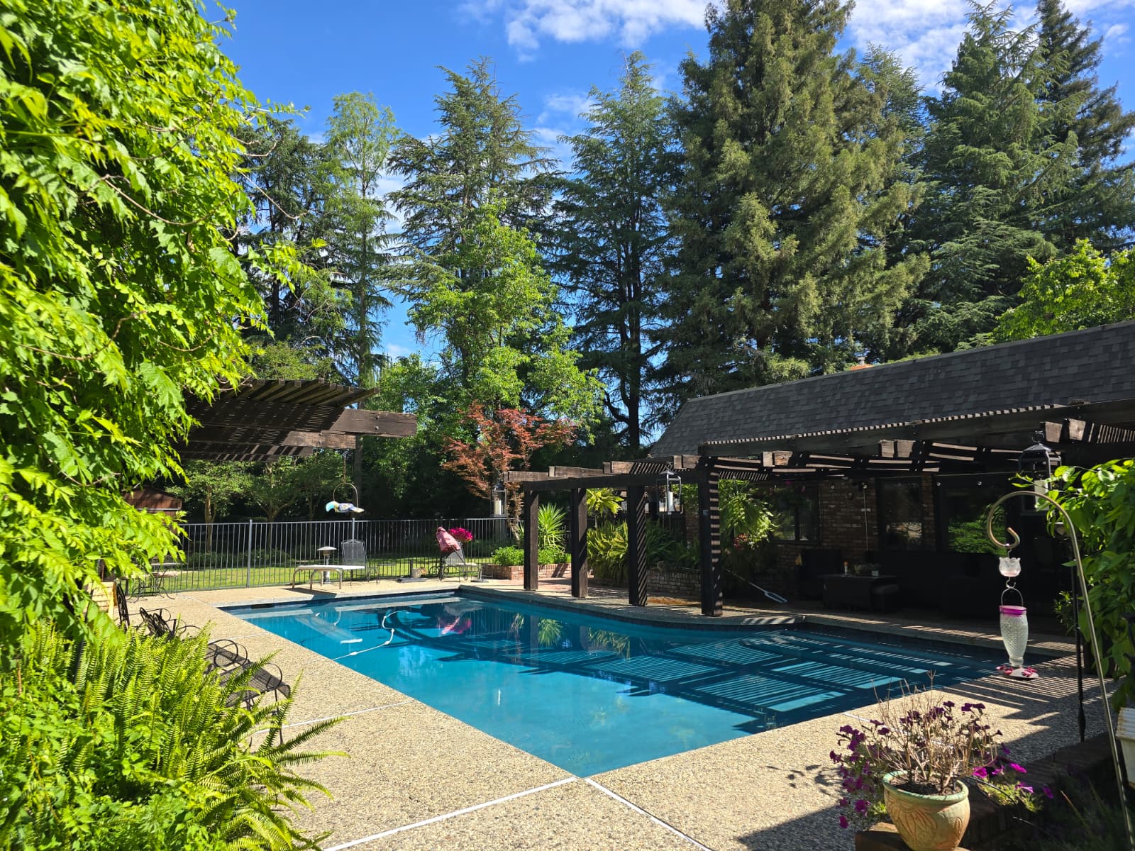 Inviting pool scene with pergola shadows